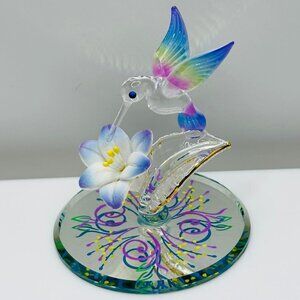 Glass Hummingbird Blue Figurine | Handcrafed Miniature Lily Flower Decor